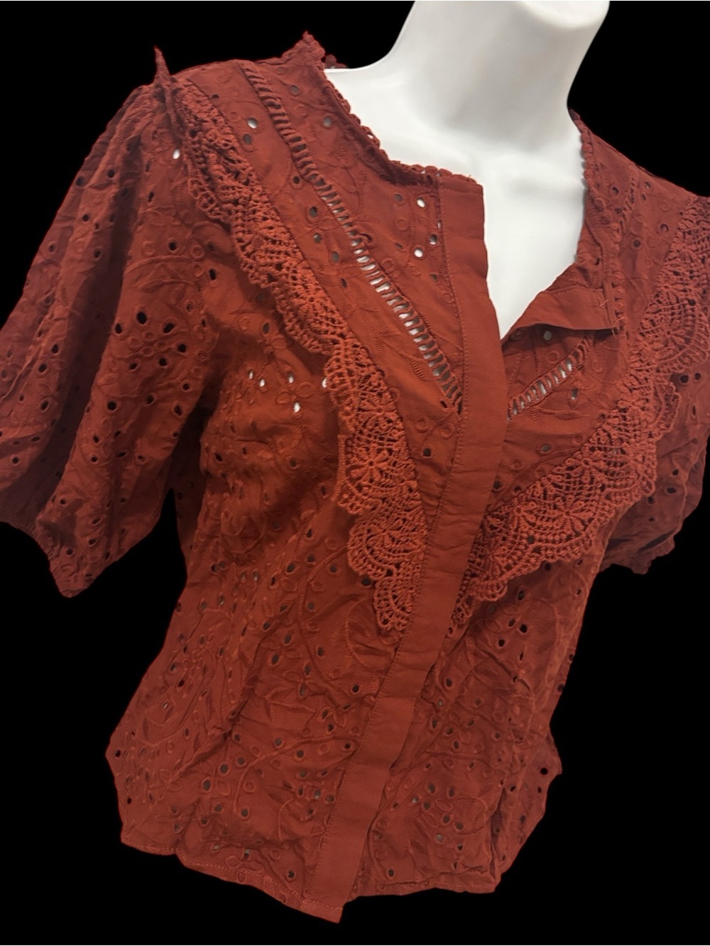 Neiman Marcus Rust Eyelet Lace Short Sleeve Blouse